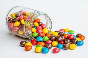 A glass jar of colorful gumball candies on isolated background