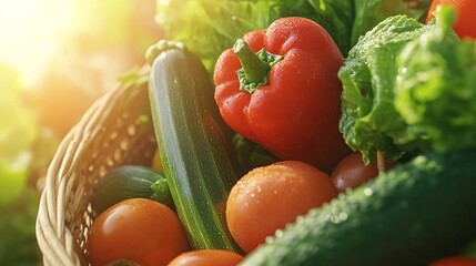 A wicker basket filled with fresh, colorful vegetables, including tomatoes, cucumbers, peppers, and zucchini. 