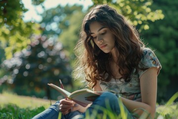 Naklejka premium A woman enjoying a book outside. Relaxation and peacefulness. Nature backdrop.