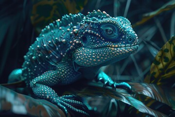 Fototapeta premium This unique lizard species is found exclusively on the Galapagos Islands. Their striking blue face and colorful body make them one of the most distinctive creatures in their ecosystem.