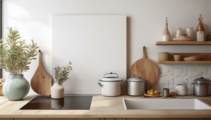 White home kitchen interior with cooking cabinet and kitchenware. Mockup frame