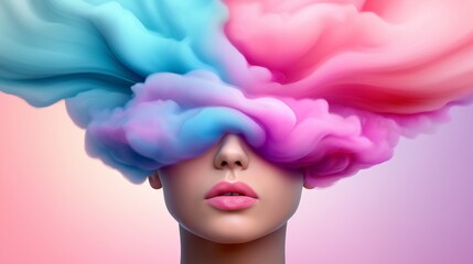 A woman's face is obscured by a cloud of colorful smoke. The image is a creative and abstract representation of the idea of being lost in thought or daydreaming. The vibrant colors of the smoke