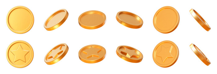 3D set realistic golden coins and coins with star with different angles. Symbol of gold and wealth. Stock vector illustration on isolated background.