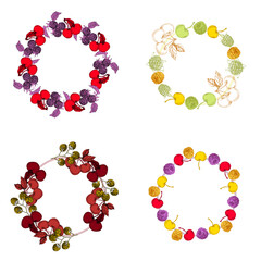 Circle frame with raspberry and cherry. Hand drawn round line border, leaves and flowers, wedding invitation and cards, logo design and posters template. Elegant minimal style floral vector isolated