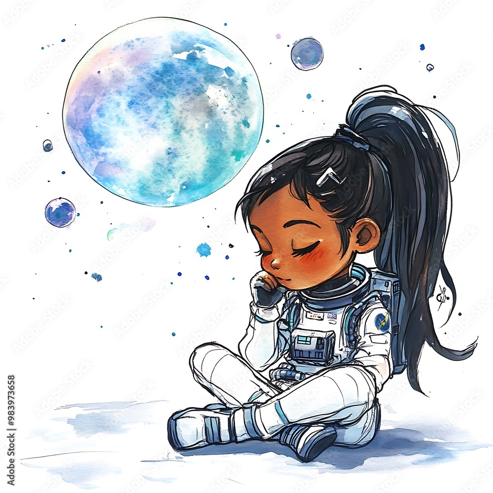 Wall mural Astronaut girl in space, watercolor illustration.