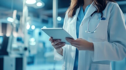 Beautiful young blonde Latin doctor holding digital tablet standing in hospital room