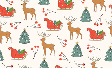 Funny Christmas seamless pattern in trendy cartoon character. Groovy Retro 70s y2k style. Cute Tree, Rowan Branch, Santa Claus Sleigh, Reindeer.Vector illustration.