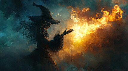 A witch conjuring spirits from the smoke of a burning fire, her hands raised towards the swirling apparitions.