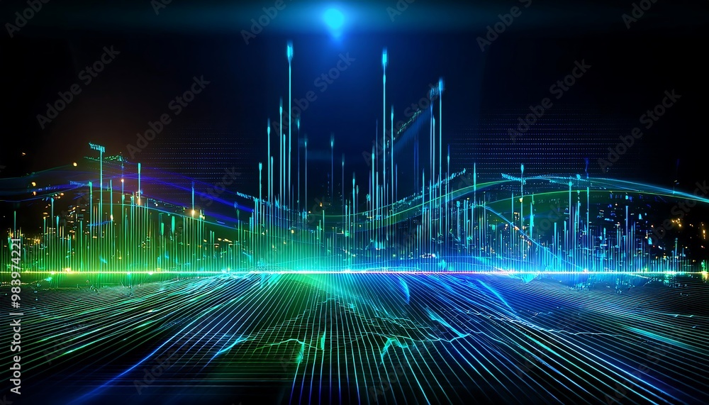 Poster abstract neon cityscape with glowing lines and data visualizations