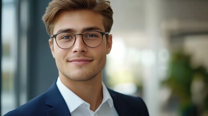 Naklejka premium A young, confident man wearing glasses and a smart suit, with a modern haircut.