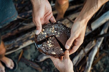 Friends sharing a slice of chocolate cake on sandy beach