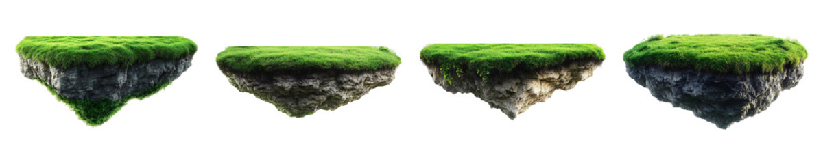 Fototapeta premium Set, collection of Green lawn floating island isolated on transparent background.