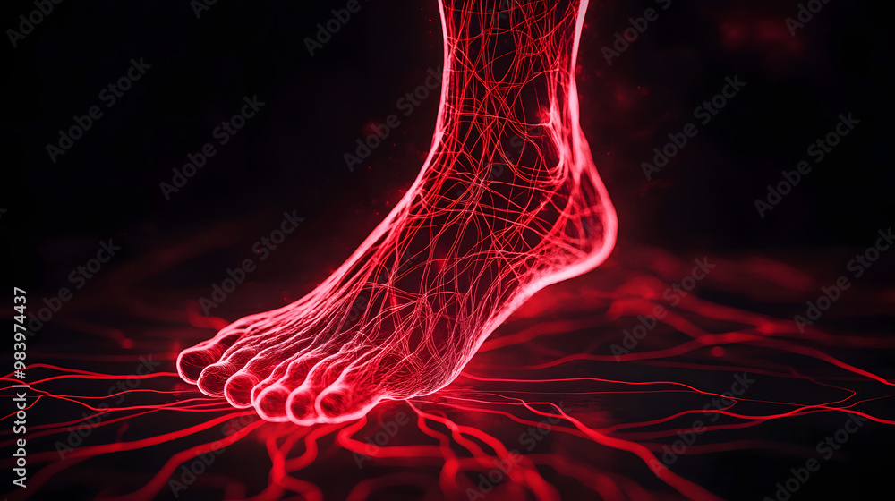 Sticker Glowing red nerve lines spreading from feet on dark gradient background symbolizing diabetic neuropathy pain and discomfort nerve damage illustration