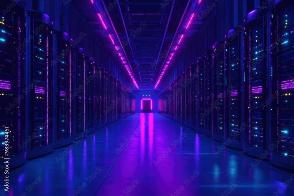 Poster a futuristic data center with rows of glowing servers stretches into the distance.
