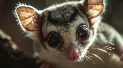 Curious Sugar Glider in Nature: Close-Up Shot with Big Eyes and Soft Fur