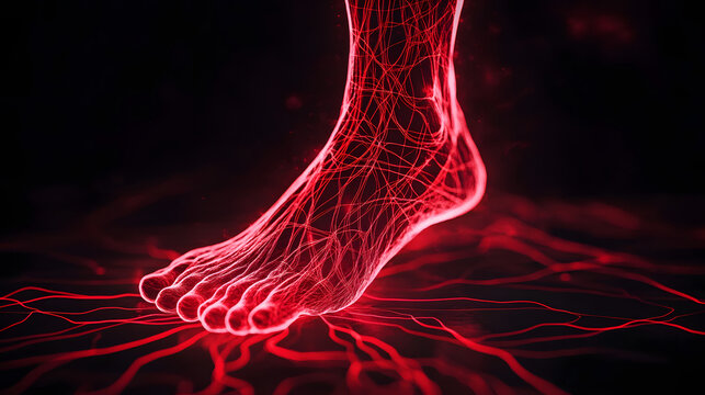 Glowing red nerve lines spreading from feet on dark gradient background symbolizing diabetic neuropathy pain and discomfort nerve damage illustration