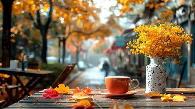Autumn morning in street cafe with coffee on table and colorful leaves. Seamless looping 4k time-lapse video background
