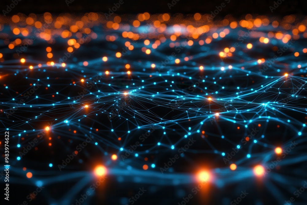 Poster a futuristic digital network represented by glowing blue lines and interconnected points