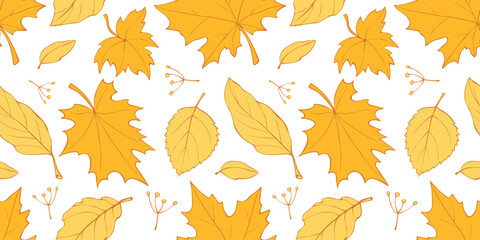 Seamless pattern falling leaves. Vector autumn yellow golden texture isolated, flat doodle style, outline. Concept of forest, leaf fall, nature, seasons