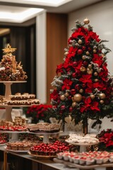 Elegant Christmas dinner table setting with red and gold decorations, candles, and greenery, set in front of a Christmas tree with glowing bokeh lights.
