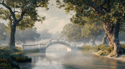 An expansive off-white painted bridge spanning a serene river in a foggy morning landscape, with ancient trees lining the banks