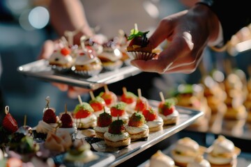 Person choosing from plates of assorted desserts, snacks and fruit, ready to serve at a buffet or event. Gourmet selection with variety in shapes and flavors.