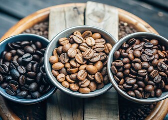 Fototapeta premium Three bowls of coffee beans showing dark, medium, and light roasting profiles, placed on a wooden tray. Ideal for coffee enthusiasts and related concepts.