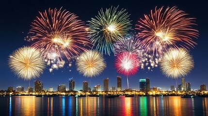 A stunning Fourth of July fireworks display lighting up the night sky over a vibrant city skyline, celebrating independence and freedom with colorful bursts of light and an electric atmosphere.