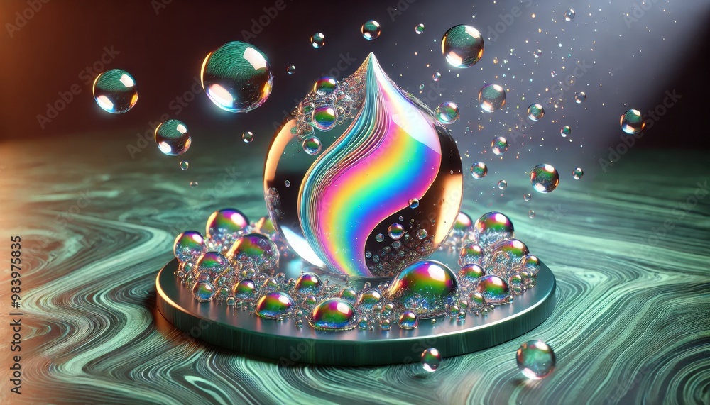 Poster 3d abstract rendering of a vibrant iridescent droplet surrounded by floating bubbles on a reflective