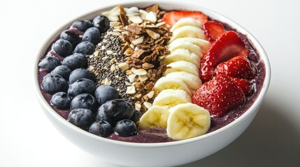 A wholesome acai bowl packed with nutritious toppings, displayed on a simple white background for a clean and healthy feel