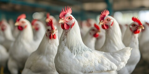 Fototapeta premium Birds clustered together, in a group. Chickens looking at camera.