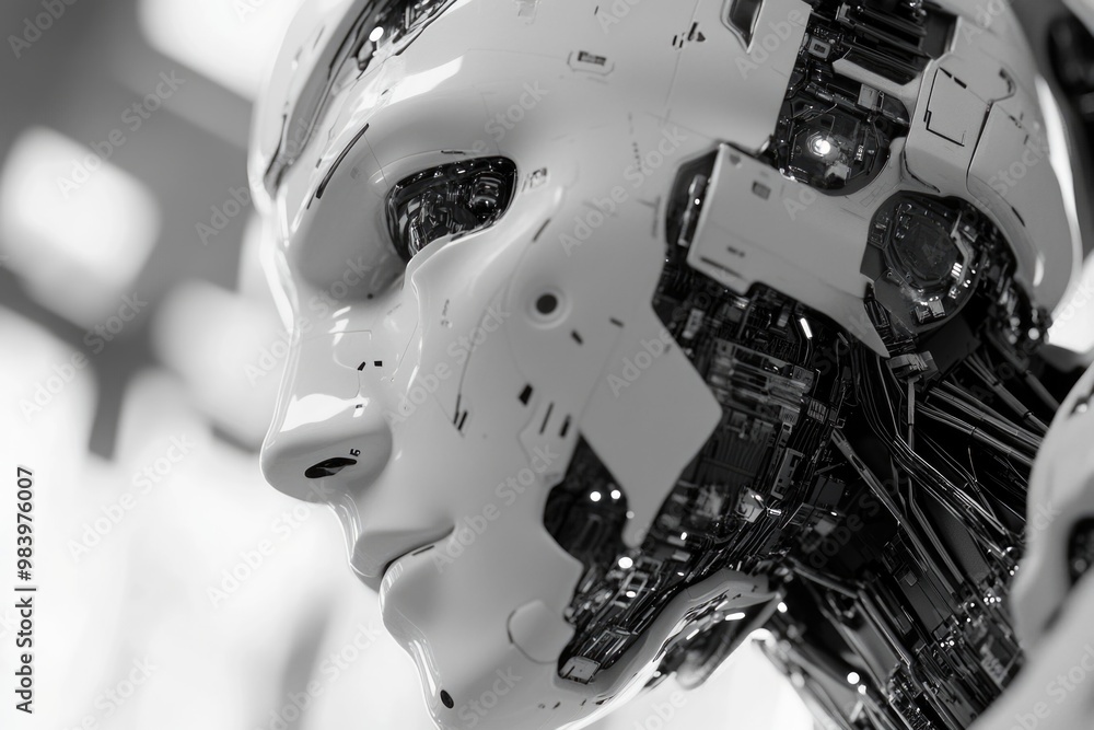 Aufkleber human-robot hybrid with a mechanical face and intricate designs, representing the advanced technolog