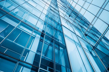 Modern interior of a glass building with a blue hue and reflective surfaces during the day, A serene, blurred image of a glass wall in a modern business office building with soft bokeh lights.