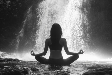 Obraz premium Person sitting in meditation pose, waterfall in background, natural setting, emphasis on wellbeing and relaxation.