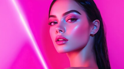 Obraz premium Close-up Portrait of a Woman with Neon Lighting and Pink Background