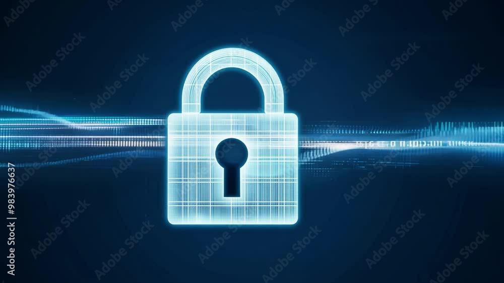 Poster A glowing digital padlock is displayed against a blue backdrop with a data overlay, emphasizing the critical nature of cybersecurity and protecting information online.