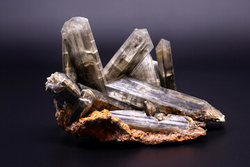 Black gypsum crystal sample on matrix, showcasing unique formations and striking contrast
