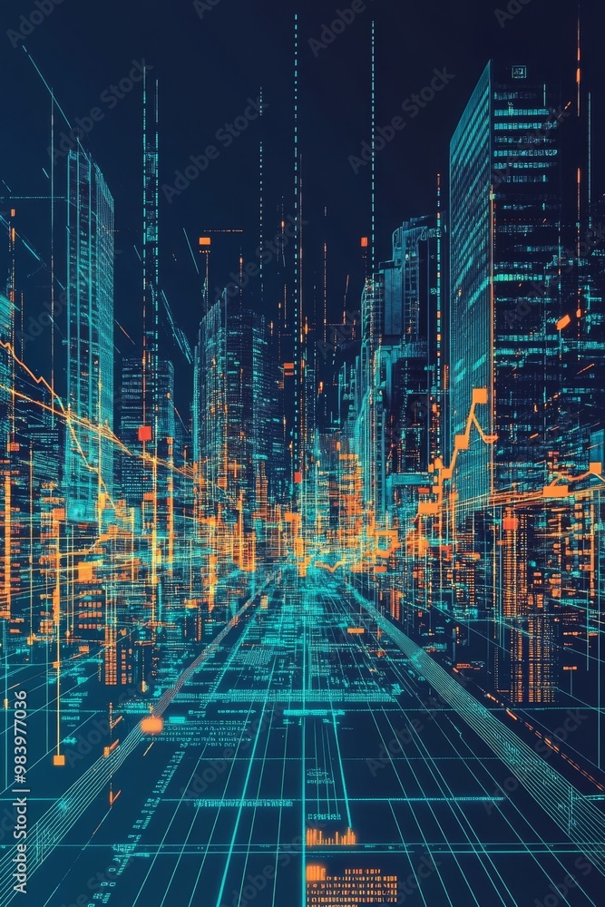 Aufkleber a vibrant city skyline is enhanced with neon graphics, displaying streams of data and digital patter