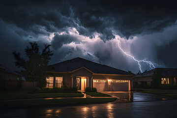 Lightning storm illuminating the skies over a suburban home