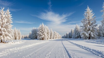Obraz premium A serene winter landscape with snow-covered trees and a clear sky, perfect for nature, travel, or winter-themed designs.
