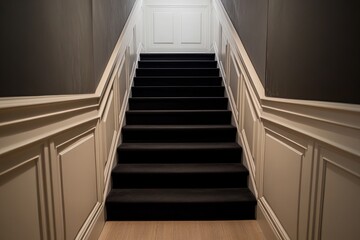 Obraz premium Black carpet steps and narrow hallway of luxury home with wooden floor.