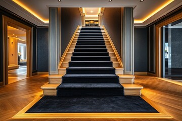 Obraz premium Black carpet steps and narrow hallway of luxury home with wooden floor.