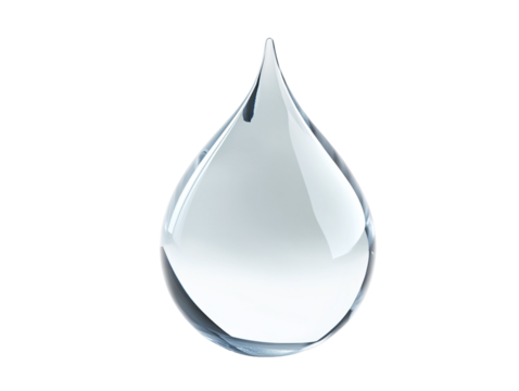 A single raindrop with reflective light effects, isolated on a transparent background.