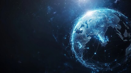 Obraz premium Abstract digital planet Earth with network connections on a blue background, a global communication and technology concept. Space view of the Earth in space. generated ai