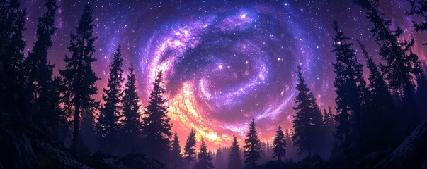 Obraz premium A dramatic view of dark, towering pines silhouetted against a purple night sky. The Milky Way stretches across the heavens, its brilliant swirls of light contrasting with the inky blackness of the