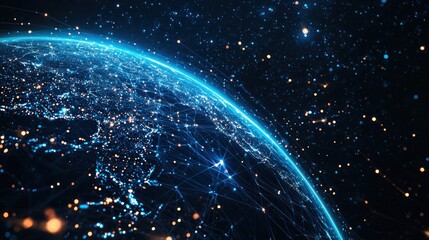Obraz premium Abstract digital planet Earth with network connections on a blue background, a global communication and technology concept. Space view of the Earth in space. generated ai