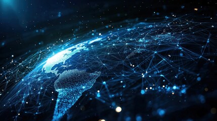 Abstract digital planet Earth with network connections on a blue background, a global communication and technology concept. Space view of the Earth in space. generated ai