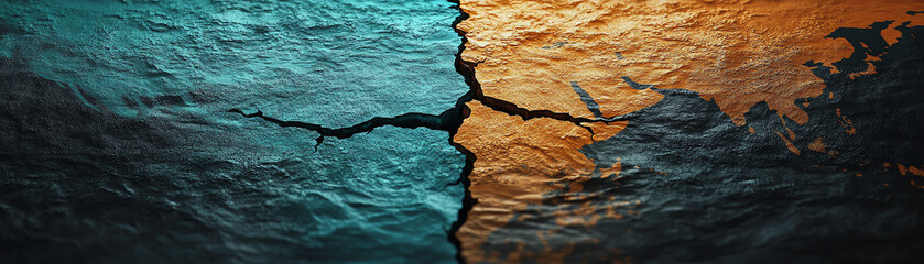 Aerial view of a dramatic geographical divide between land and sea, showcasing contrasting colors and textures in a rugged landscape.