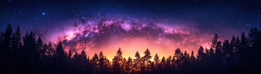 Fototapeta premium Dark towering trees of a dense forest create striking silhouettes against a vivid purple night sky. The Milky Way arcs above, its ethereal glow casting a soft light over the landscape. Stars sparkle