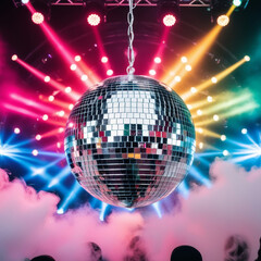 Obraz premium Disco ball with bright rays, night party background photo
